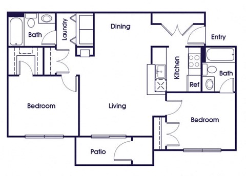 Floor plan for 2 beds, 2 baths, 896 sqft